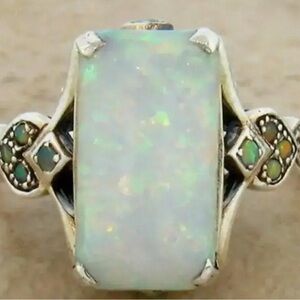 Silver and White Opalesque Ring with Art Deco Accents